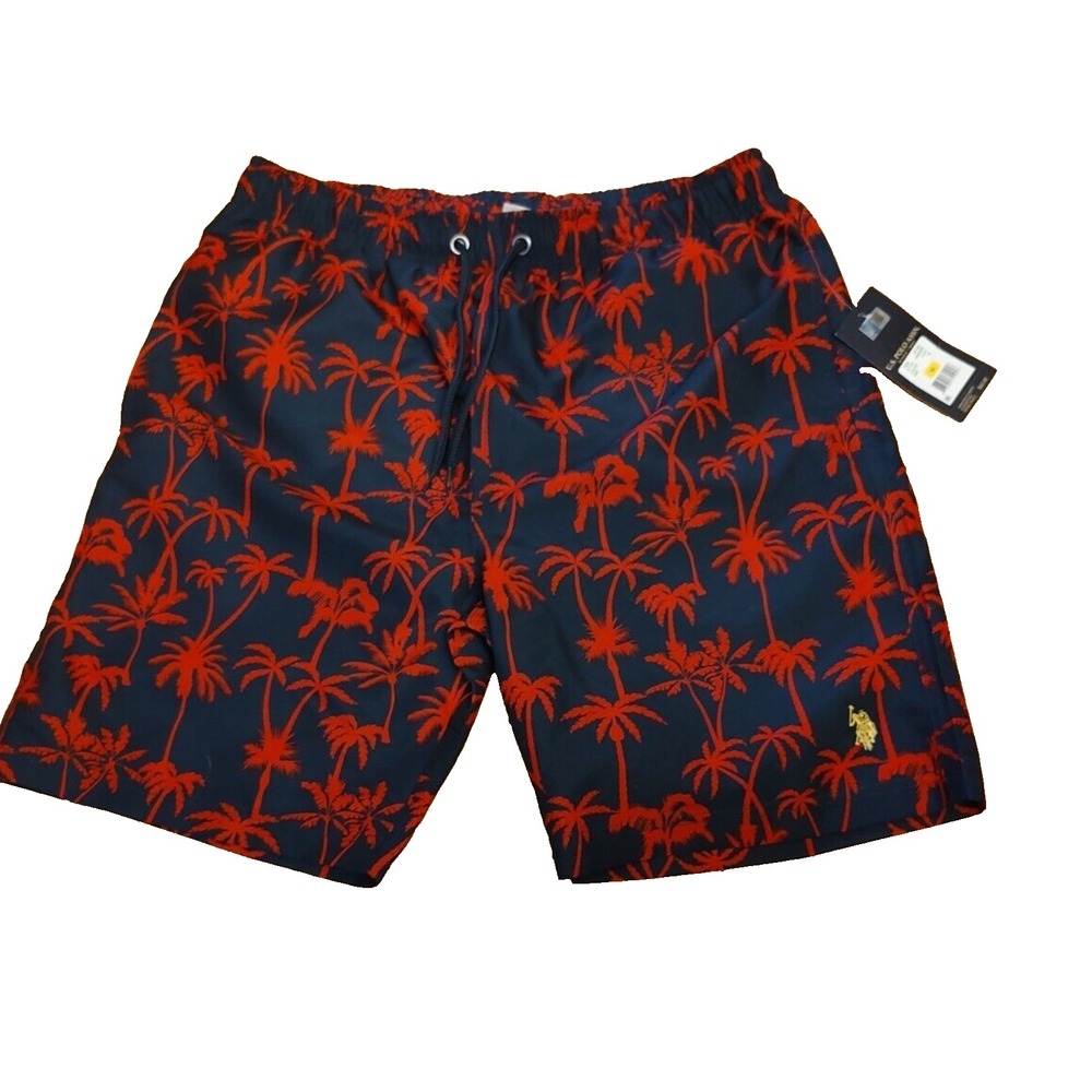 U.S Polo Assn Men's Swim Trunk Shorts Black Red Multi MEDIUM NEW
